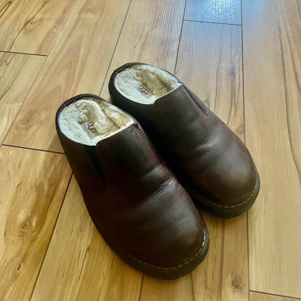 UGG Men's Dark Brown Leather Sheepskin Slip-Ons